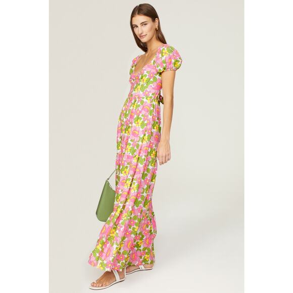 Show Me Your MuMu Cathy Pink Retro Floral Sweetheart Tie Back Puff Maxi Dress M - Picture 1 of 16